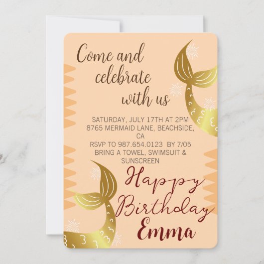 Invitation Sirène Dorée, Célébrez Avec Nous, Sous L'Océan (Devant)