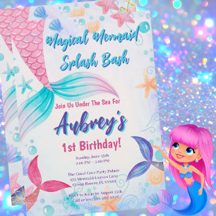 Invitation Sirène douce Anniversaire rose violet Turquoise