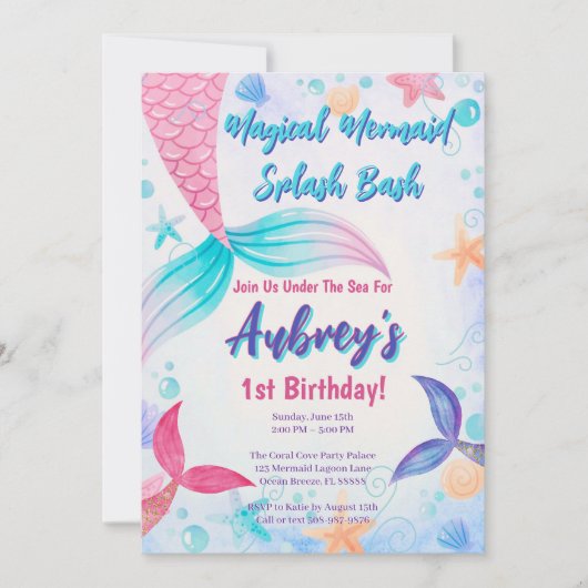 Invitation Sirène douce Anniversaire rose violet Turquoise (Devant)