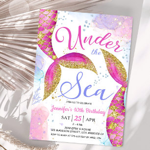 Invitation Sirène fille 10 ans Anniversaire Rose Sous la Mer
