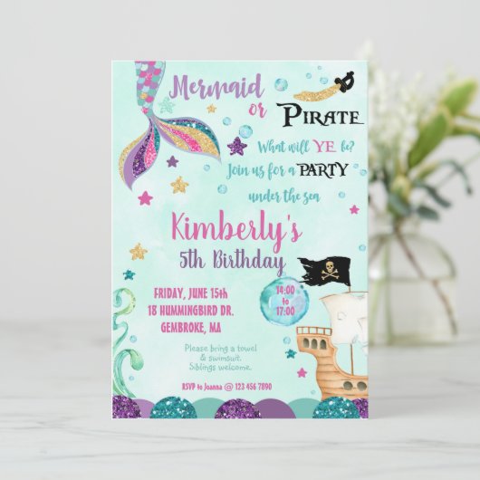 Invitation Sirène, Invitation de Fête Sous la Mer (Debout devant)