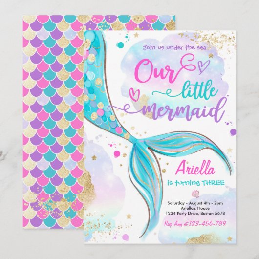 Invitation Sirène Magique Sous La Fête D'Anniversaire De La M (Devant / Derrière)