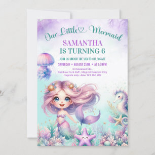 Invitation Sirène mignonne violet aquarelle pour 1er annivers