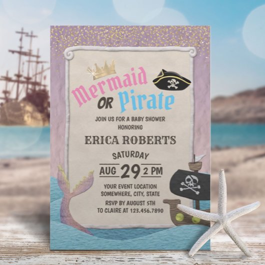 Invitation Sirène ou Pirate mignon Baby shower rose pourpre