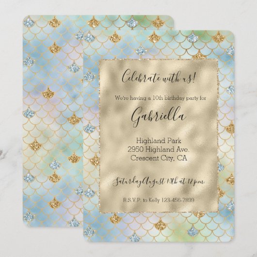 Invitation Sirène Pailletée Aqua Bleu Menthe Or (Devant / Derrière)