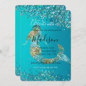 Invitation Sirène Paillettes Brillant Or Aqua (Devant / Derrière)