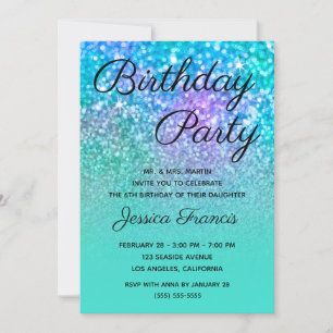 Invitation Sirène Paillettes Turquoise Bleu Ombre Anniversair