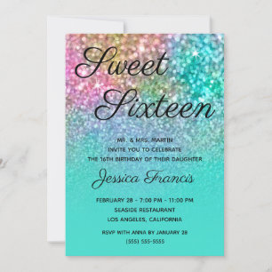 Invitation Sirène Paillettes Turquoise Ombre Sweet Seize