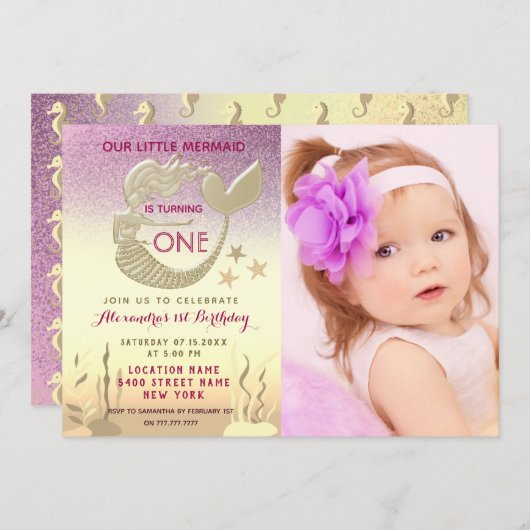 Invitation Sirène rose et or 1er anniversaire (Devant / Derrière)