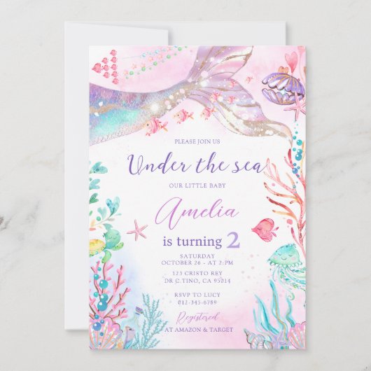 Invitation Sirène rose pourpre sous la mer Anniversaire (Devant)