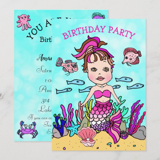 Invitation Sirène rose sous la fête d'anniversaire de la mer (Devant / Derrière)