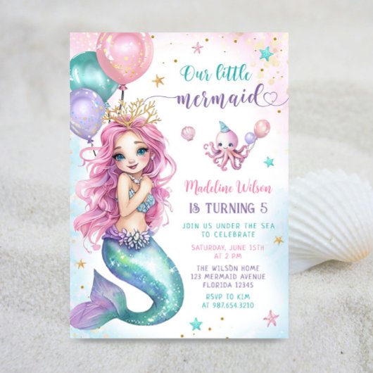 Invitation Sirène rose Sous La Mer Anniversaire