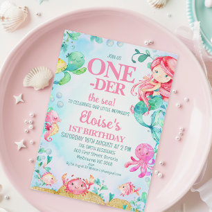 Invitation Sirène rouge colorée au-dessus de la mer 1er anniv
