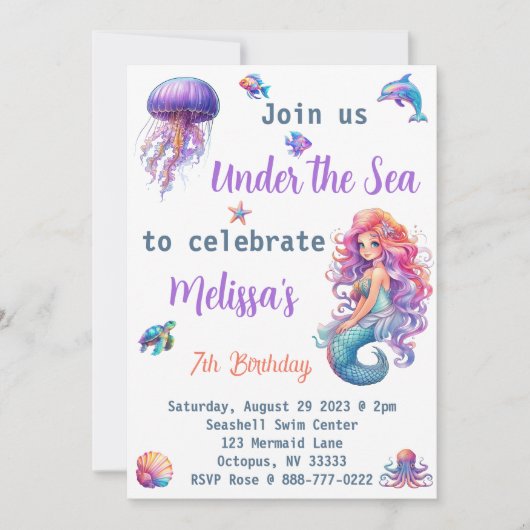 Invitation Sirène sous la fête d'anniversaire de la mer (Devant)