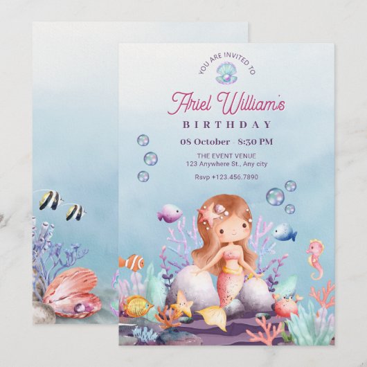 Invitation Sirène sous la mer anniversaire (Devant / Derrière)