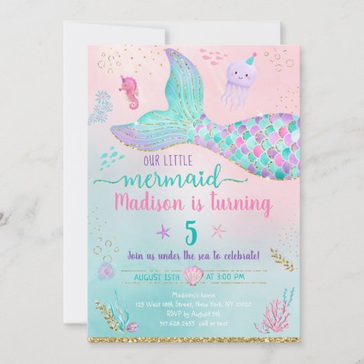 Invitation Sirène Sous La Mer Or Rose Anniversaire (Devant)