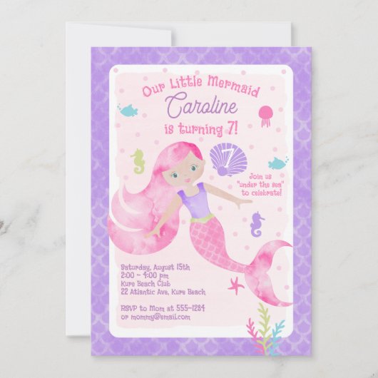 Invitation Sirène sous la mer rose violet Anniversaire (Devant)
