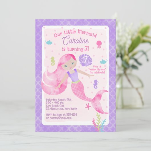 Invitation Sirène sous la mer rose violet Anniversaire (Debout devant)