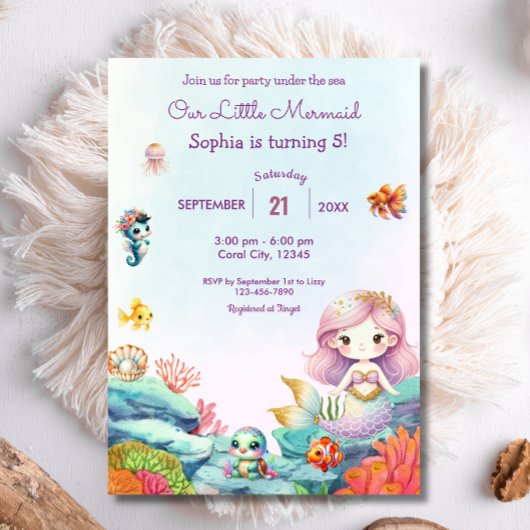 Invitation Sirène sous l'aquarelle de mer fête d'anniversaire