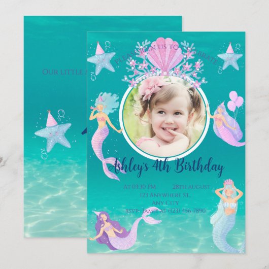 Invitation Sirène sous l'aquarelle de mer fête des enfants de (Devant / Derrière)