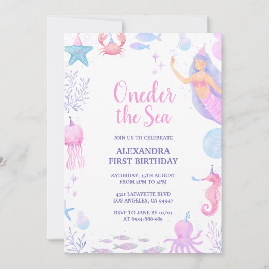 Invitation Sirène sous l'aquarelle de mer fille 1er anniversa (Devant)
