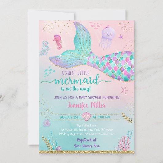 Invitation Sirène Sous Le Baby shower D'Or Rose Mer (Devant)