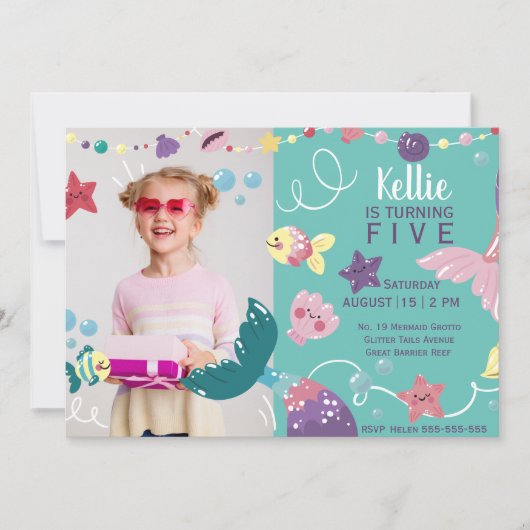 Invitation Sirène Sous Les Filles De La Mer Photo Anniversair (Devant)