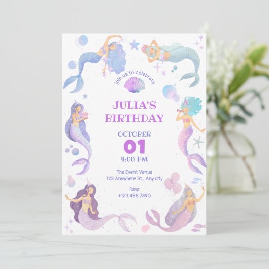 Invitation Sirène sous l'invitation de fête d'anniversaire en (Debout devant)