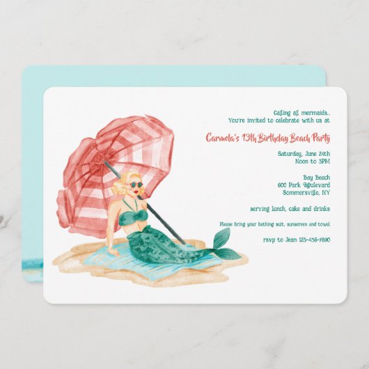 Invitation Sirène sur la Plage (Devant / Derrière)