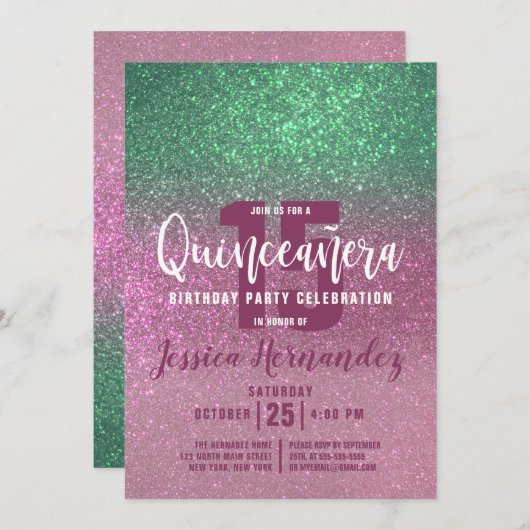 Invitation Sirène Vert Rose Triple Paillettes Quinceañera (Devant / Derrière)