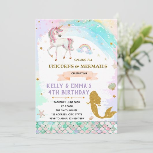 Invitation Sirènes et licorne d'invitation conjointe d'annive (Debout devant)