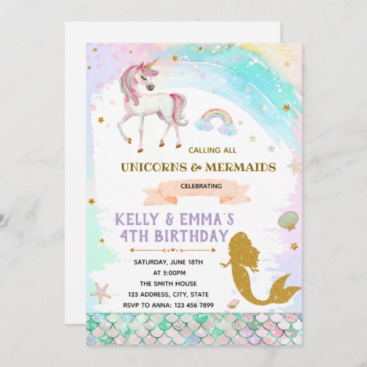 Invitation Sirènes et licorne d'invitation conjointe d'annive (Devant / Derrière)