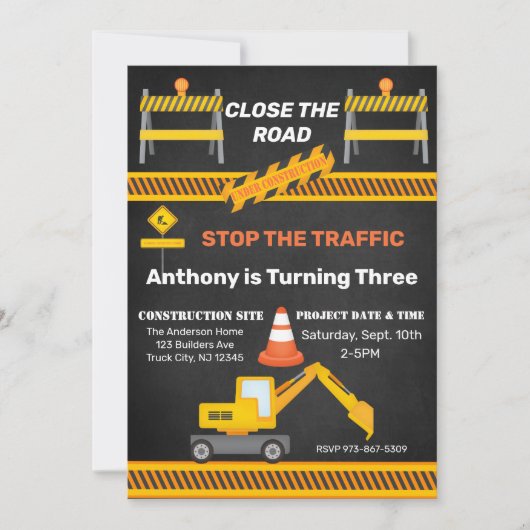 Invitation Site de construction Fermer L'Anniversaire de enfa (Devant)