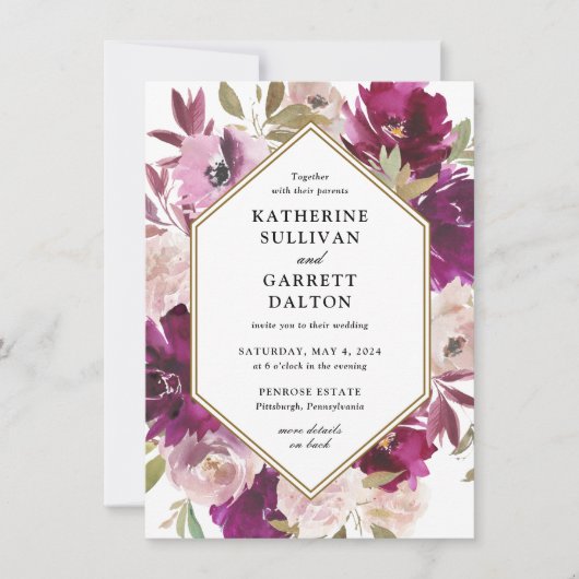 Invitation Site Mariage à double face Magenta Floral (Devant)