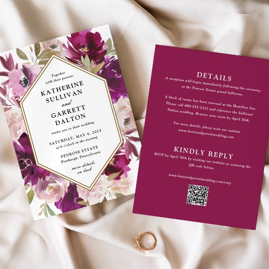Invitation Site Mariage à double face Magenta Floral