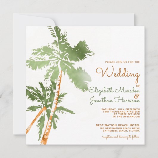 Invitation Site Tropical Copper Palm Trees Beach Mariage (Devant)
