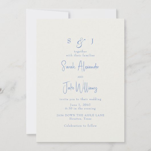 Invitation Site Web de Mariage Simple Bleu et Crème (Devant)