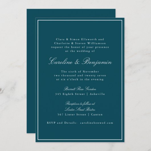 Invitation Site Web du Mariage Turquoise de script de bordure (Devant / Derrière)