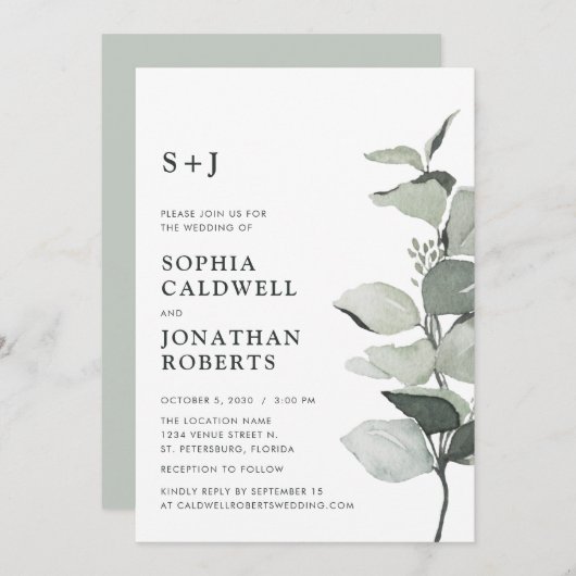 Invitation Site Web RSVP Eucalyptus Sage Monogram Mariage (Devant / Derrière)