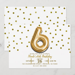 Invitation SIX 6 Ballons Dorés & Confettis Fête d'anniversair