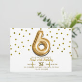 Invitation SIX 6 Gold Balloon & Confetti 6e fête d'anniversai (Debout devant)