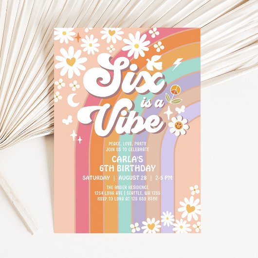 Invitation Six est une ambiance Daisy Rainbow Groovy 6e anniv
