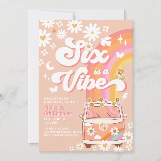 Invitation Six est Une Vibe Fille rose Peach Daisy 6e anniver (Devant)