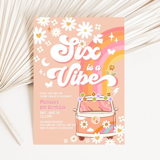Invitation Six est Une Vibe Fille rose Peach Daisy 6e anniver