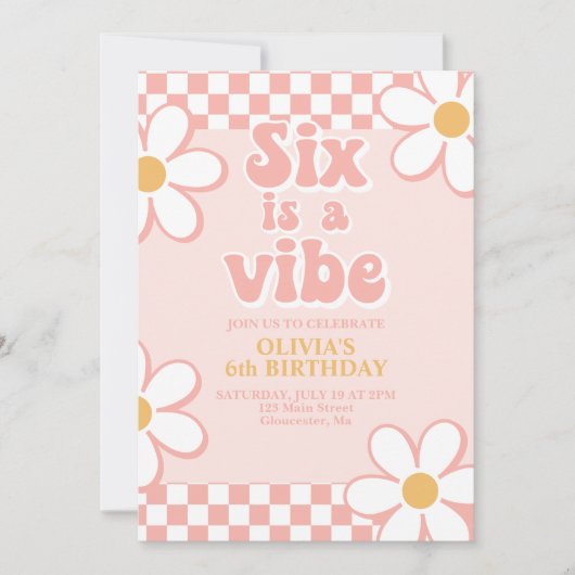 Invitation Six est une Vibe Retro Check Pink Daisy (Devant)