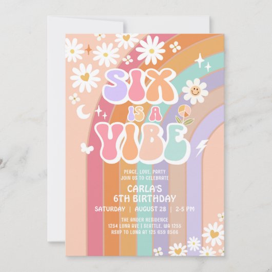 Invitation SIX est Vibe Daisy Rainbow Super 6e anniversaire (Devant)