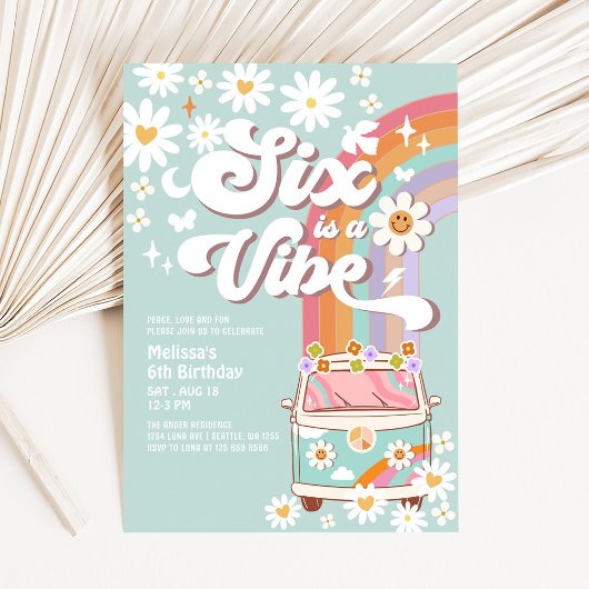 Invitation SIX est Vibe Daisy Rainbow Super 6e anniversaire