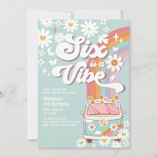 Invitation SIX est Vibe Daisy Rainbow Super 6e anniversaire (Devant)