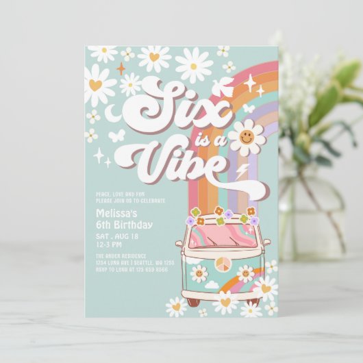 Invitation SIX est Vibe Daisy Rainbow Super 6e anniversaire (Debout devant)