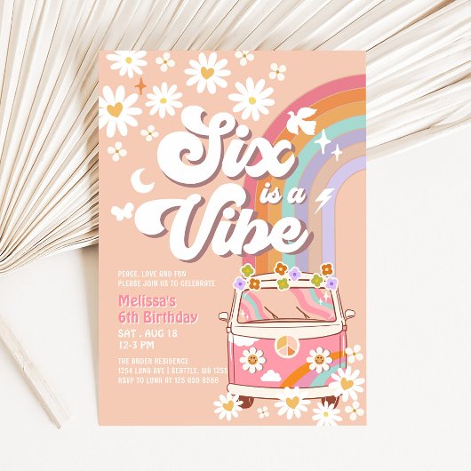 Invitation Six est Vibe Pink Daisy Rainbow Van Anniversaire